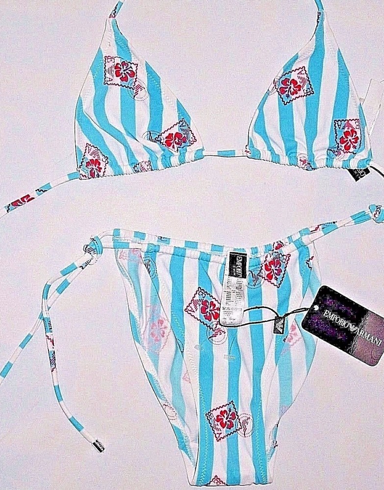 Emporio Armani 2 piece Triangle Bikini  - size 2 / Small -blue stripe logo print