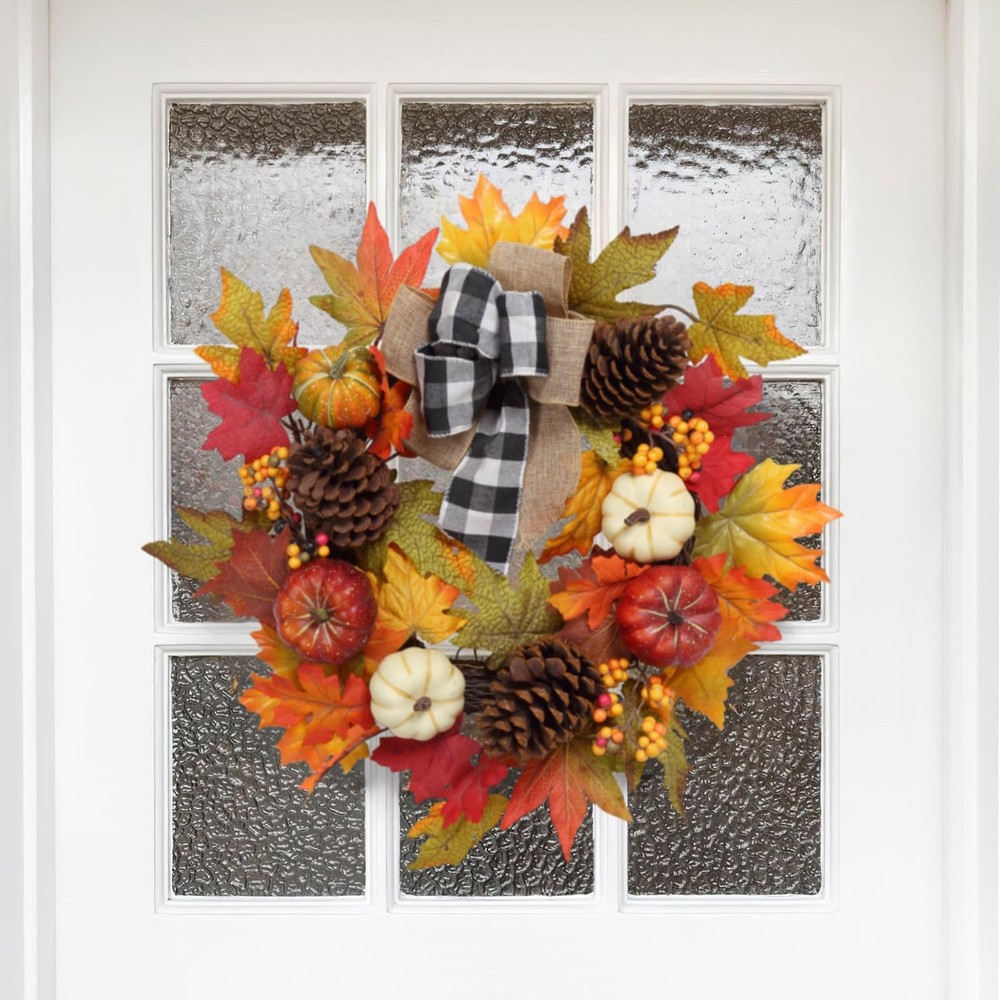 20 Inch Autumn Wreath with Pumpkins Pinecones and Maple Leaves