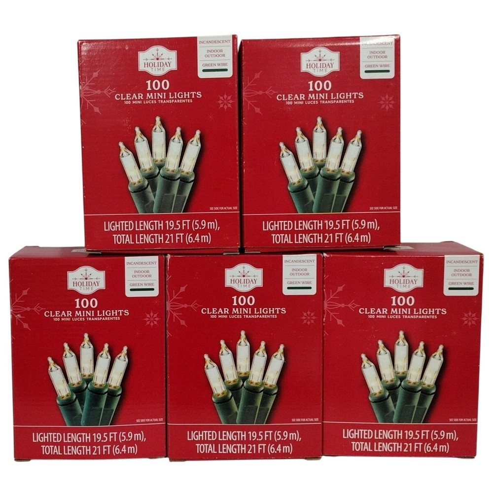 Lot 5 Holiday 100 Clear Incandescent White Mini Christmas Lights Green Wire 105'