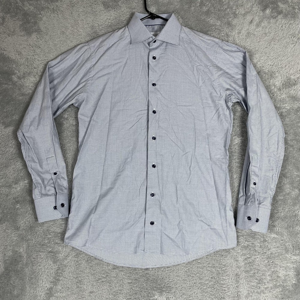Eton Shirt Mens Slim 15.5 39 Blue Micro Check Dress Button Up Long Sleeve