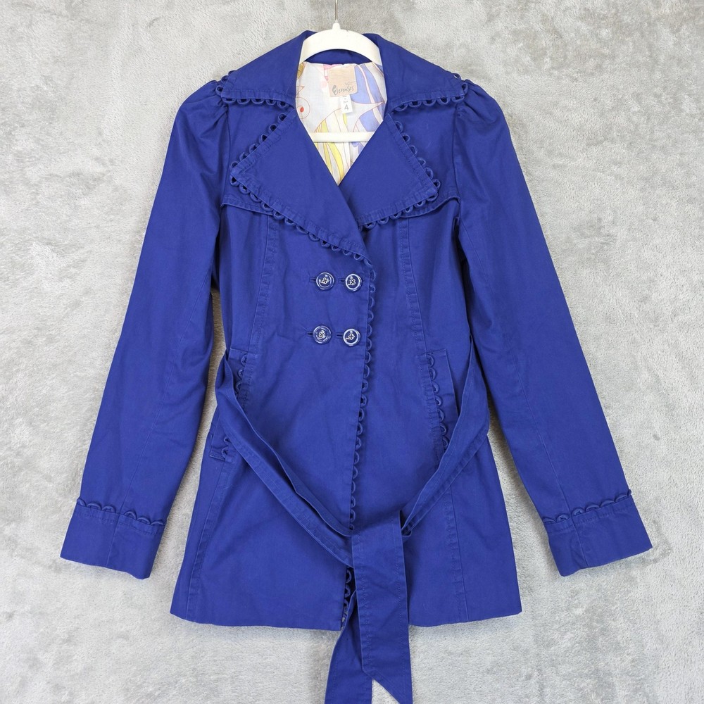 Elevenses Trench Coat Womens 4 Blue Ruffle Trim Belted Cotton Double Breasted-image