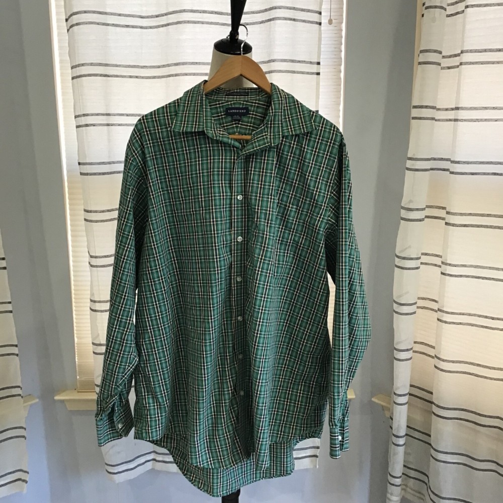 Lands End Men No Iron Pinpoint Oxford Shirt Kelly Green Size 18/37