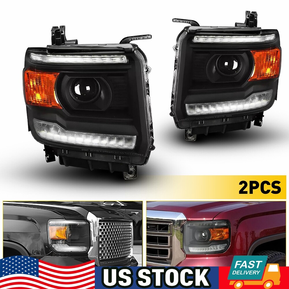 Fits 14-18 Sierra 1500 2500HD 3500HD Black Projector Headlights w/ LED DRL LH RH