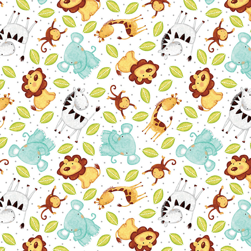 Sweet Safari Nursery Fabric - Zebra Lion Elephant White by Studio E - 1 Yard