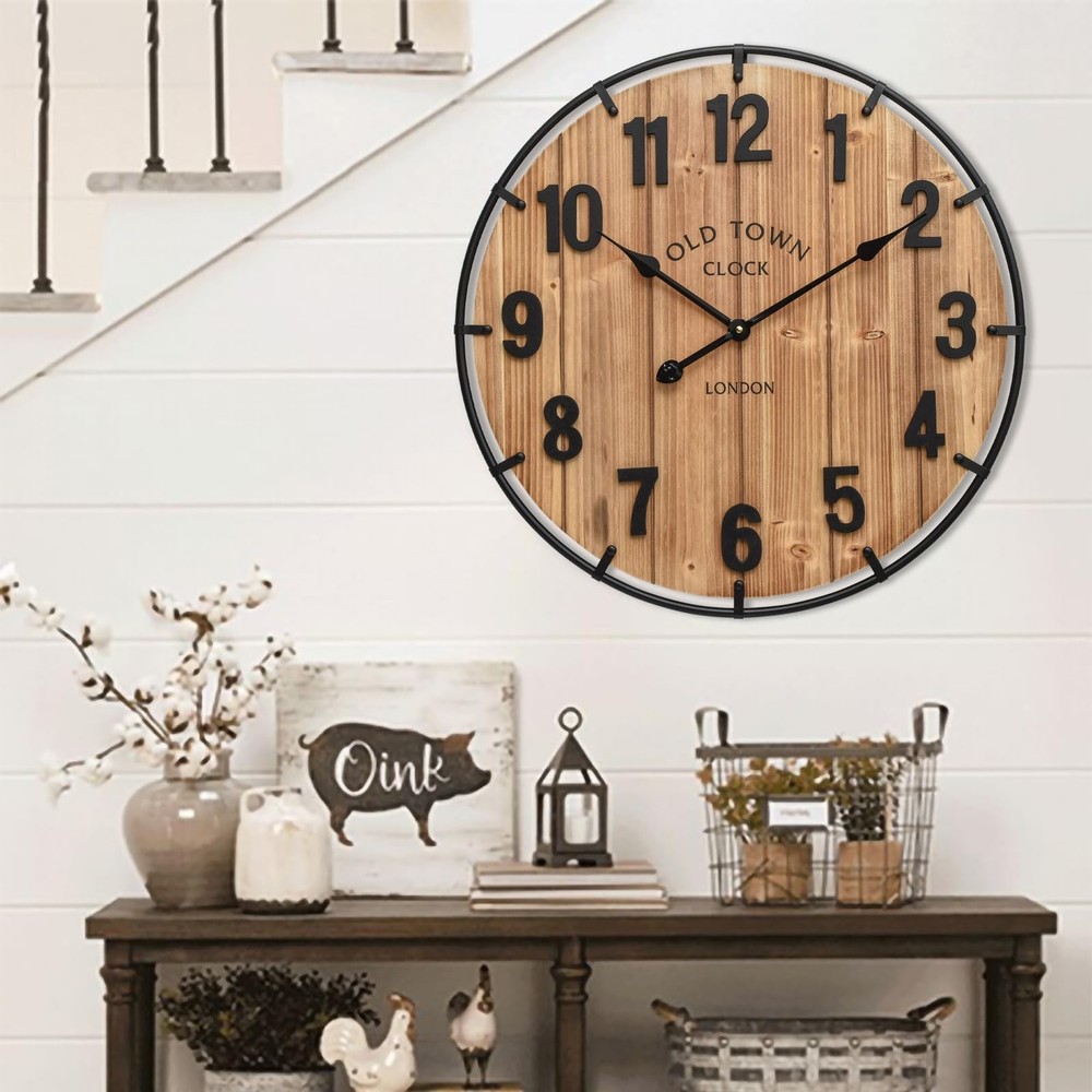 Large Old Town Farmhouse Wall Clock 24 Inch Rustic Antique Wood with Metal Ci...