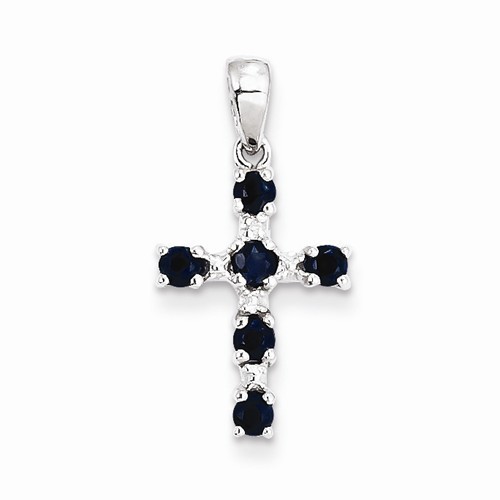 STERLING SILVER GENUINE NATURAL 1/2 CT SAPPHIRE & DIAMOND CROSS PENDANT CHARM