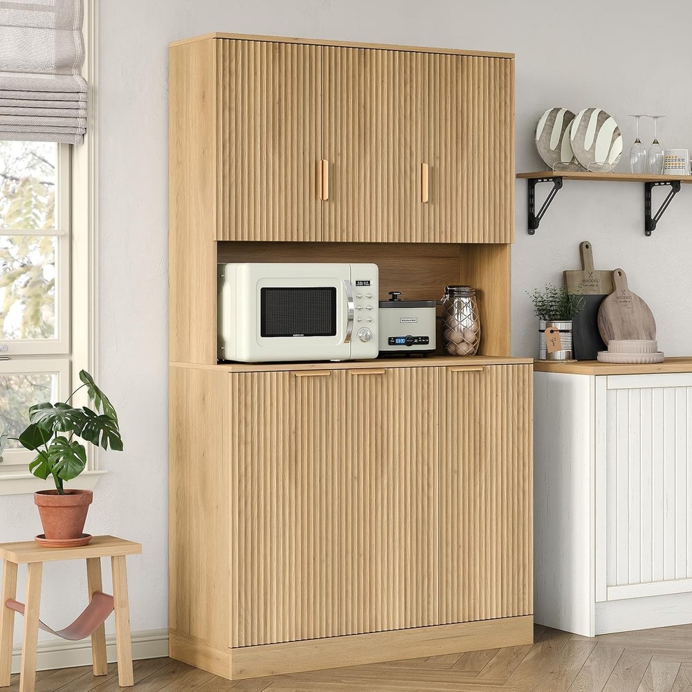 71 Inch Tall Fluted Door Pantry Cabinet with Adjustable Shelf for Kitchen Storage