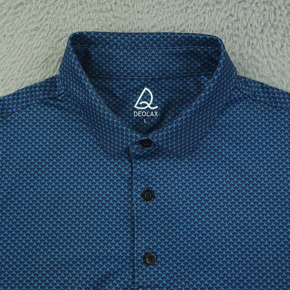 Deolax Polo Shirt Mens Large Blue Geometric Print Performance Golf Casual