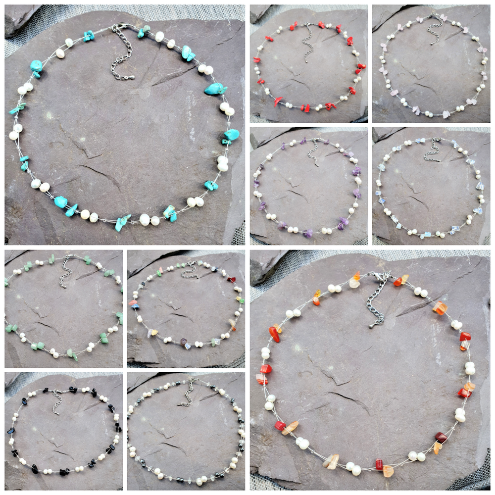 Freshwater Pearl Crystal Gemstone Necklace with 10 Stone Options