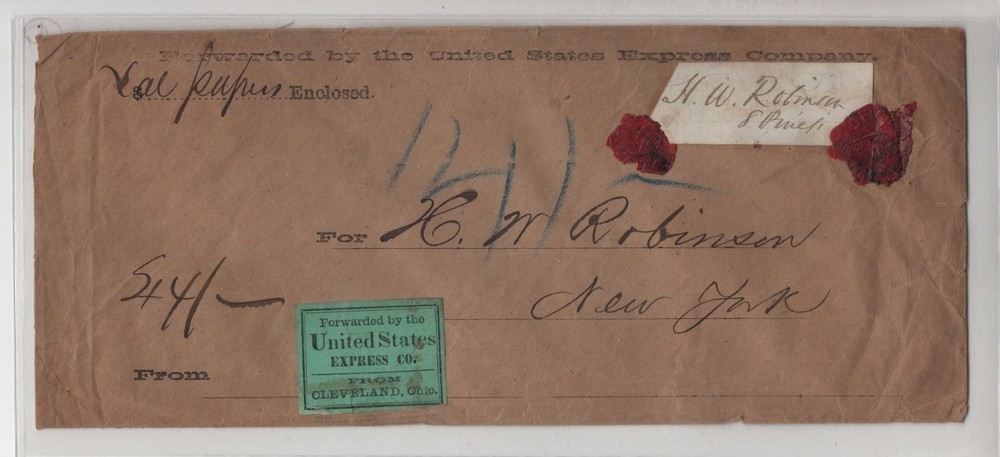 US CLEVELAND OH EXPRESS COMPANY STAMPLESS COVER TO NEW YORK UNLISTED IN SCOTT