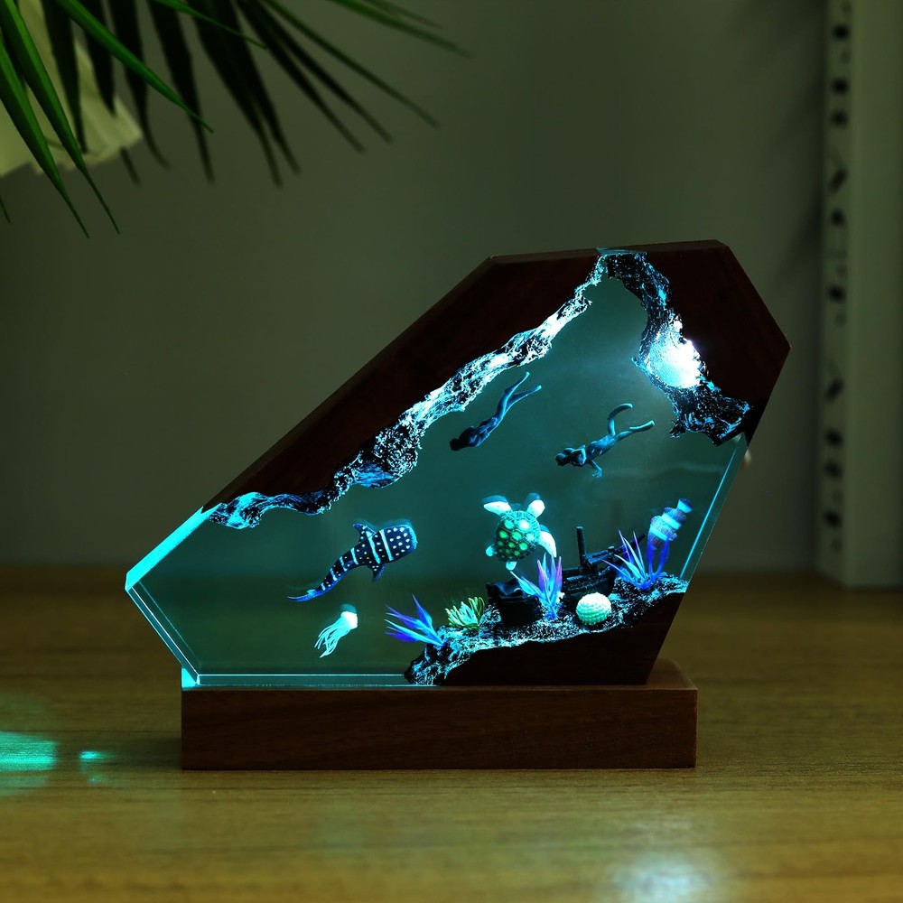 Ocean Creative Epoxy Resin Wood Light Lamp, Handmade Multi Color Aquatic Ocea...