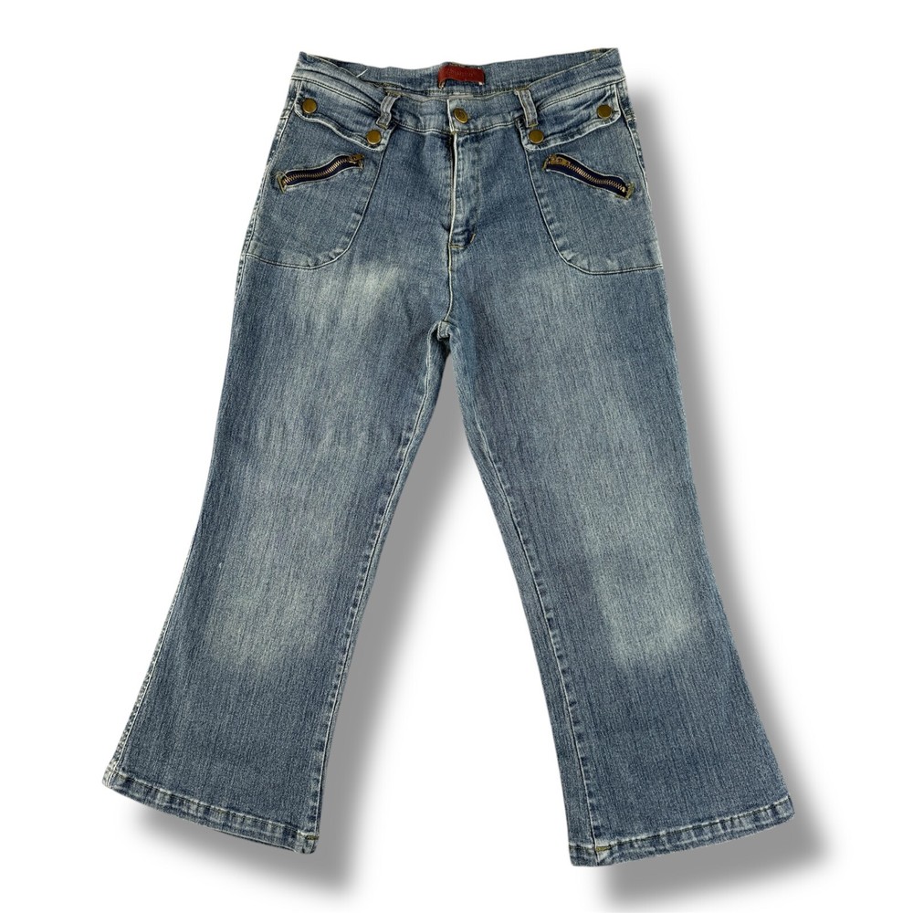 Y2K Retro Zhishun Capri Jeans Light Wash Denim Flare Leg Mid Waist Size 28 Rare