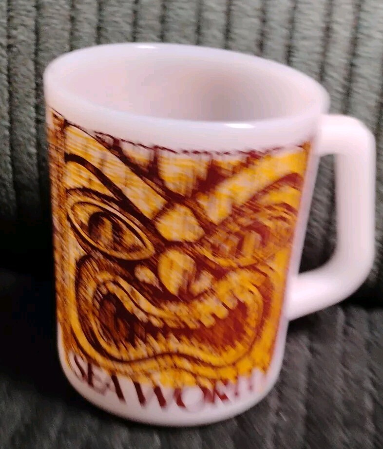 Vintage Sea World Tiki Face Federal Milk Glass Tea Souvenir Coffee Mugs
