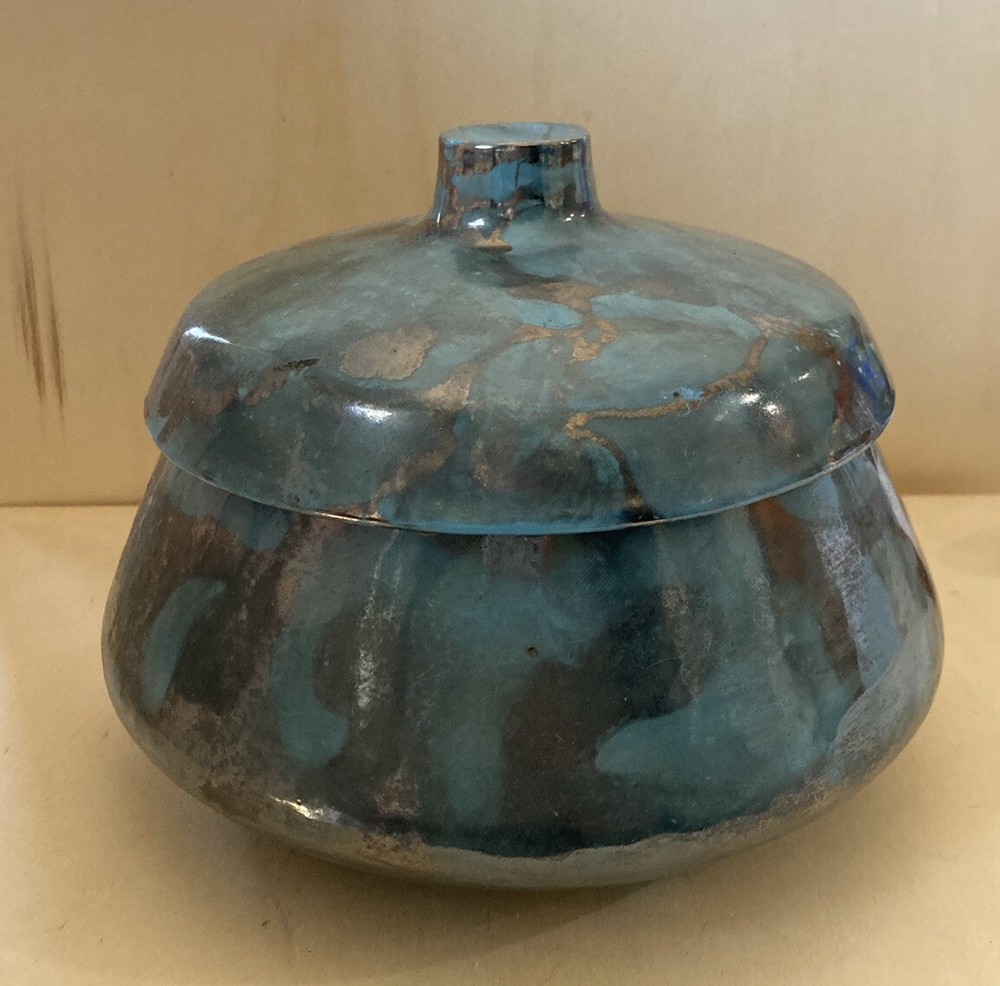 Vtg Iridescent Lustre Lusterware Pottery Lidded Dish Teal Blue Decor