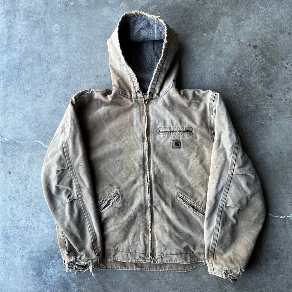 Vintage Carhartt Detroit Sherpa Jacket Mens XL Tan Distressed Hooded J141 BRN