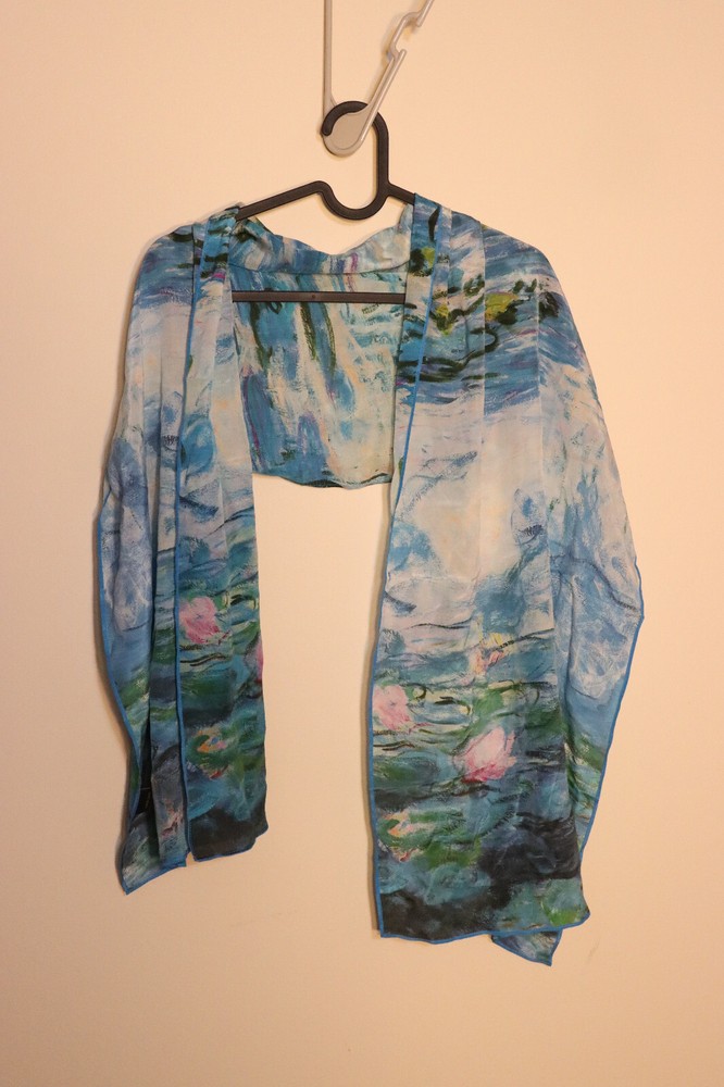 Light blue Monet water lily artistic printed scarf