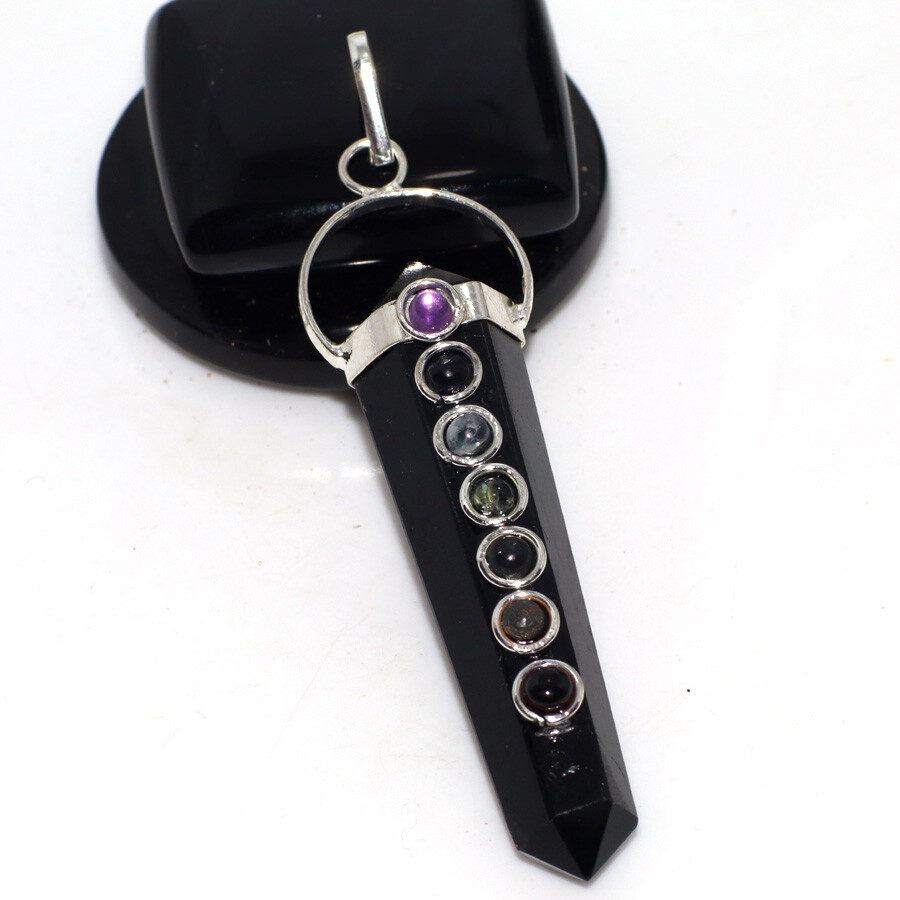 925 Silver Plated Black Onyx 7 Chakra Ethnic Pendant Jewelry Size 2.6