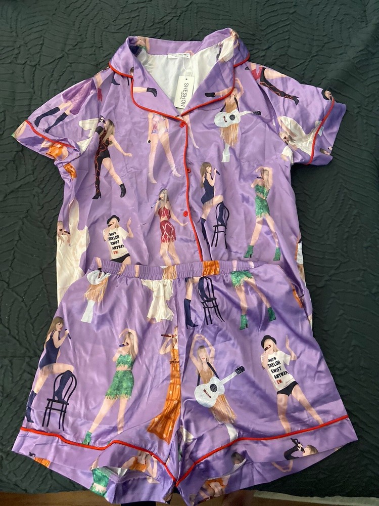 SATIN TAYLOR SWIFT ERAS 2 PIECE SHORT PAJAMA LOUNGING SET BY SHESHOW  SIZE M