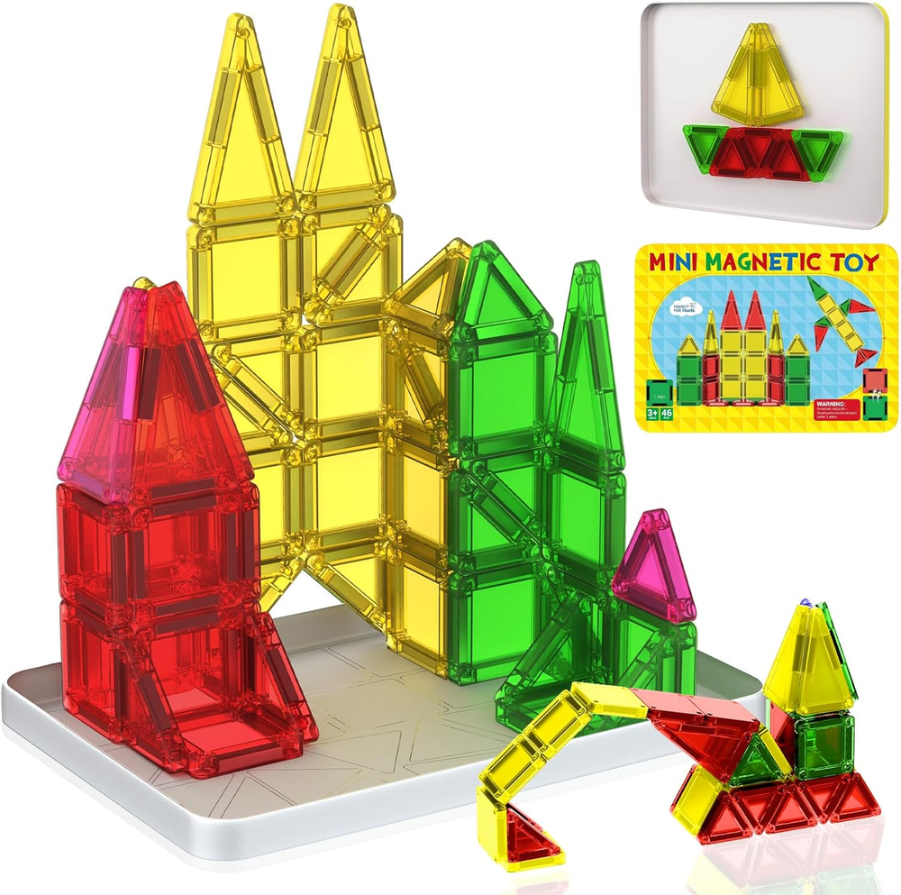 Mini Magnetic Tiles, 46PCS Travel Magnetic Tiles with Case, STEM Educational Bui