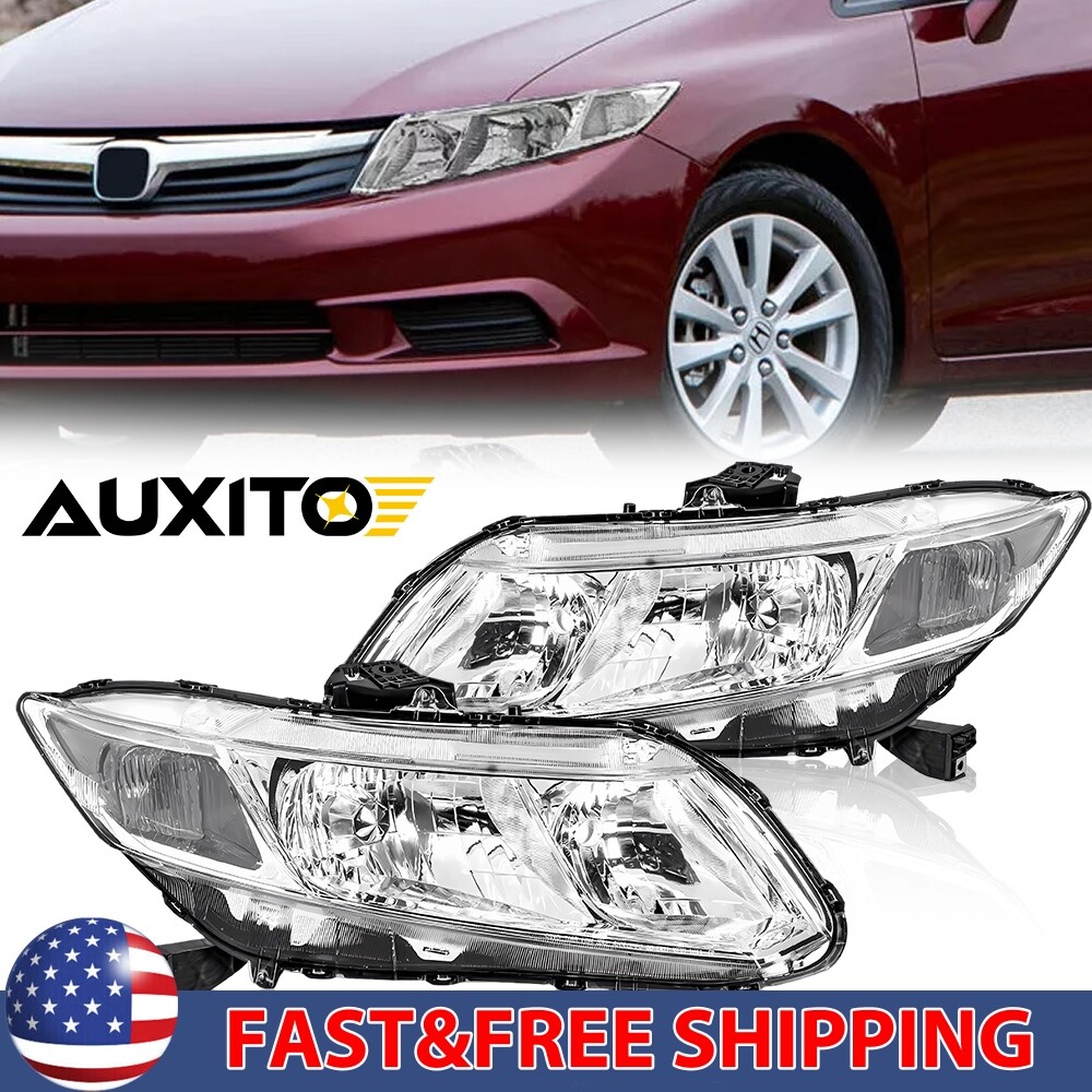 For 2012-15 Honda Civic Chrome Housing Headlights Headlamp Assembly Left+Right
