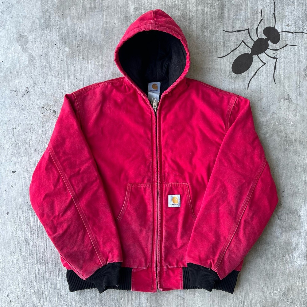 Vintage faded red Carhartt hooded work jacket