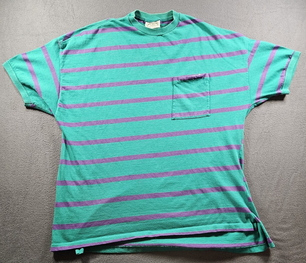 VINTAGE American Eagle 80s 90s Striped Pocket T-shirt Made In USA Preppy Size XL