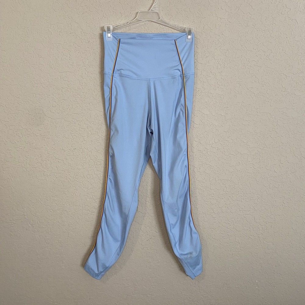 Nike Dri-Fit Womens High Rise Ruched Yoga Leggings Sky Blue Rainbow Stripe