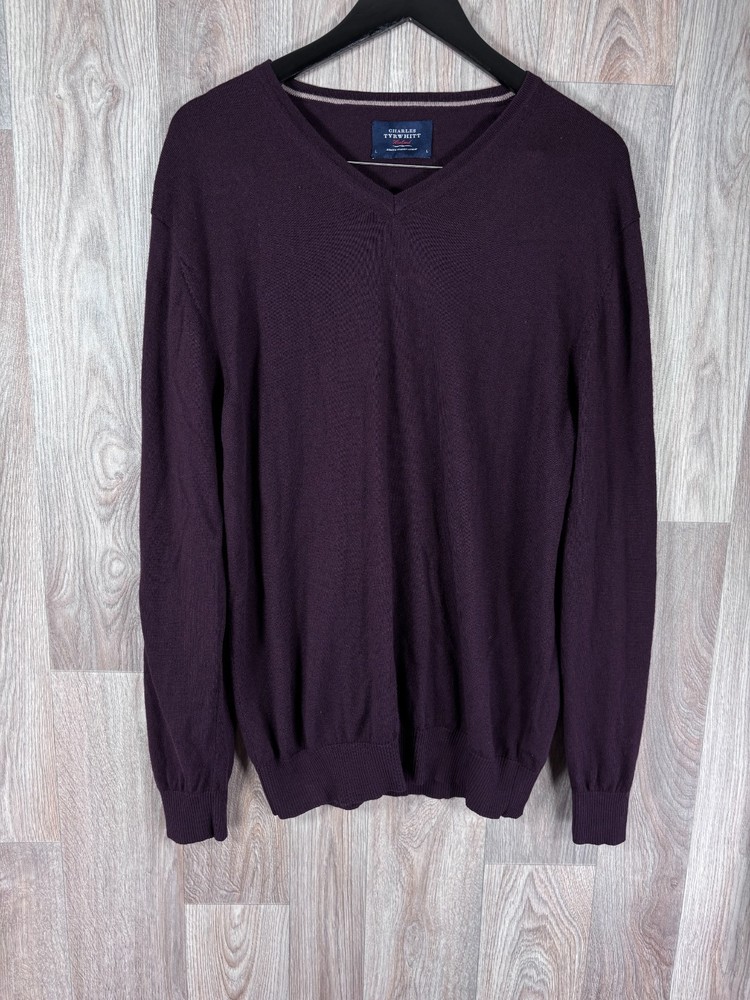 Charles Tyrwhitt Jumper Mens Large Maroon V Neck Pullover 100% Merino Wool Knit