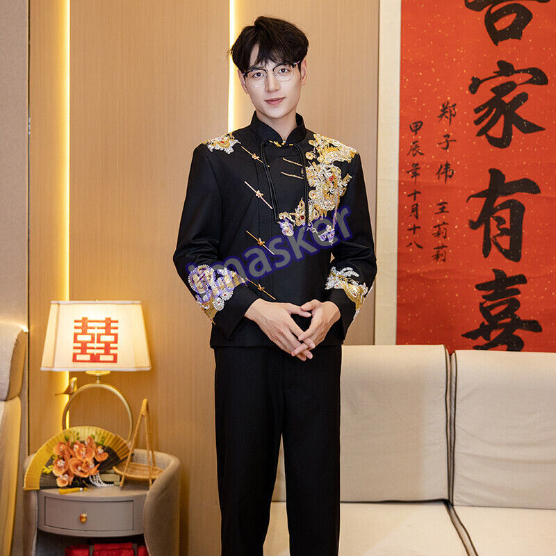 New Chinese Style Mens Zhongshan Suit Wedding Groom Formal Dress Jacket & Pants Set