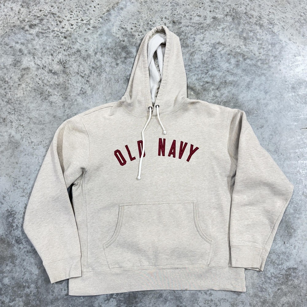 Vintage Old Navy Hoodie Mens Large Oatmeal Heather Pullover Sweatshirt Logo