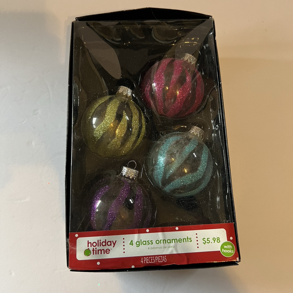 4 Glass Holiday Ornaments with Hooks in Green Gold Red Purple Clear - 3 Inch