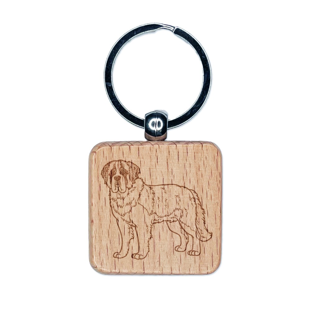 Gentle St. Bernard Pet Dog Engraved Wood Square Keychain Tag Charm