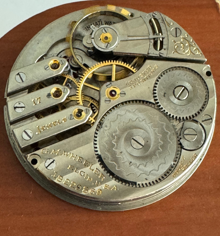VINTAGE 16 SIZE ELGIN POCKET WATCH MOVEMENT GR. 338 G.M. WHEELER  RUNNING STRONG