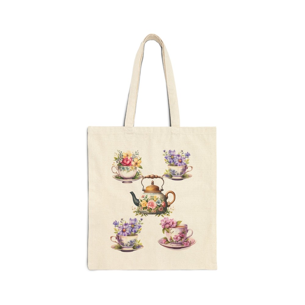 Tea Cups and Flowers, fun Eco Friendly Cotton Canvas Tote Bag 15