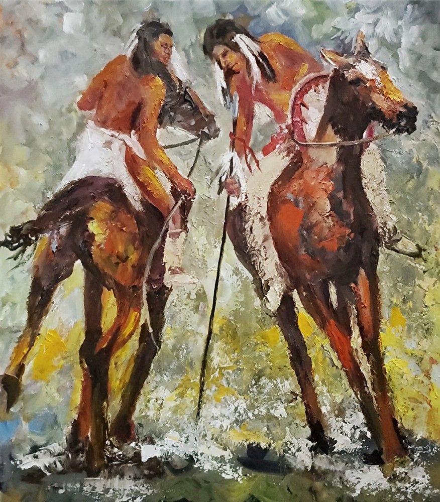 ANDRE DLUHOS Western Indian Native American Warriors Original Art Oil Painting