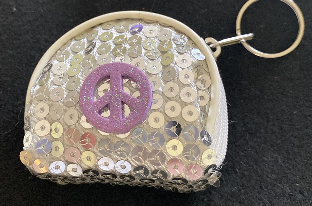 Sequin Peace Sign Zip Coin Purse Keychain Wallet