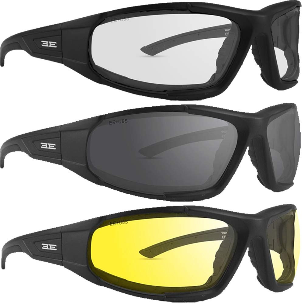 Foam2 Padded Motorcycle Sunglasses 3 Pair Black Frames w/Smoke Clear & Yellow...