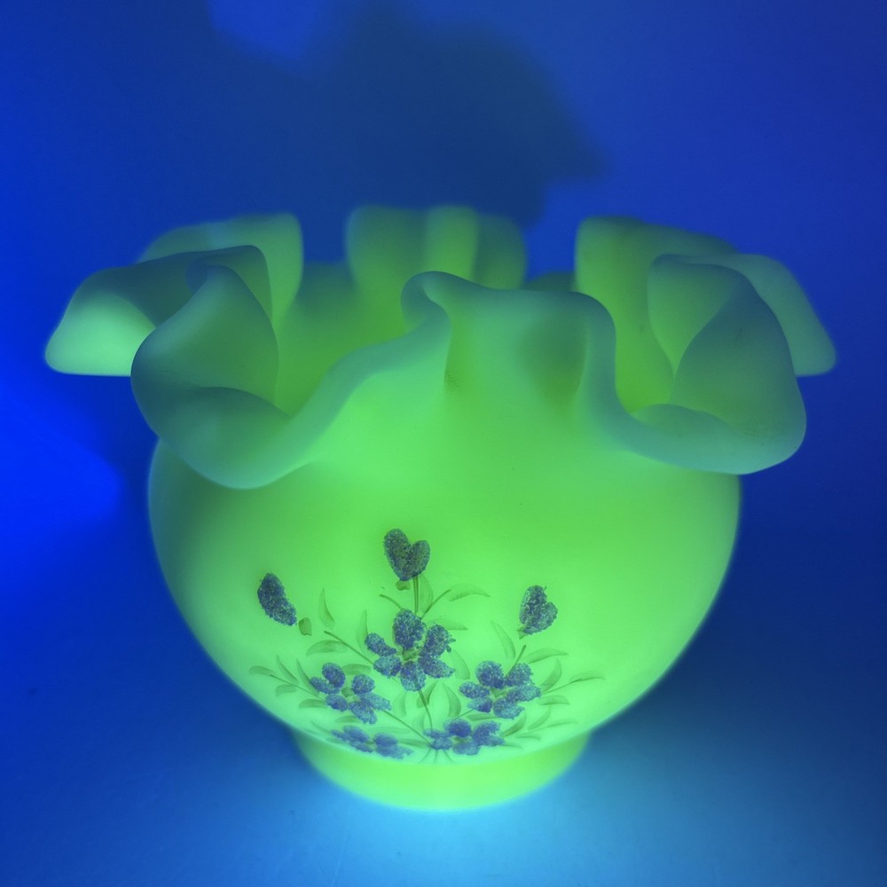 Vintage Fenton Yellow Lime Green Custard Glass Vase with Handpainted Flowers Signed