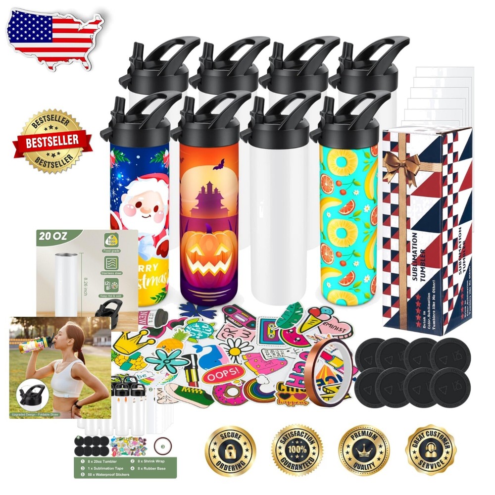 Professional-Grade 20oz Sublimation Tumblers - 8 Pack with Straw and Accessories