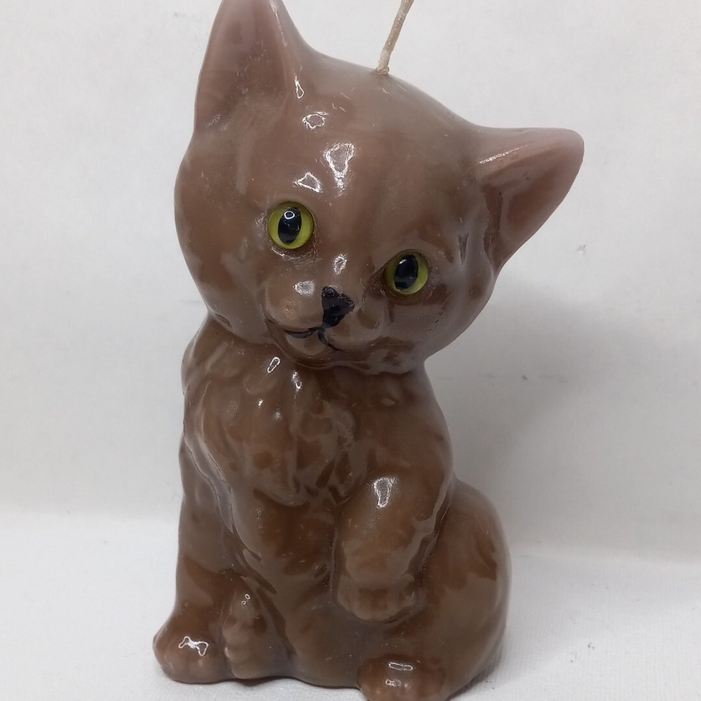 Vintage Cat Decorative Candle Glass Eyes Brown Kitten New Unlit 6 Inch Tall