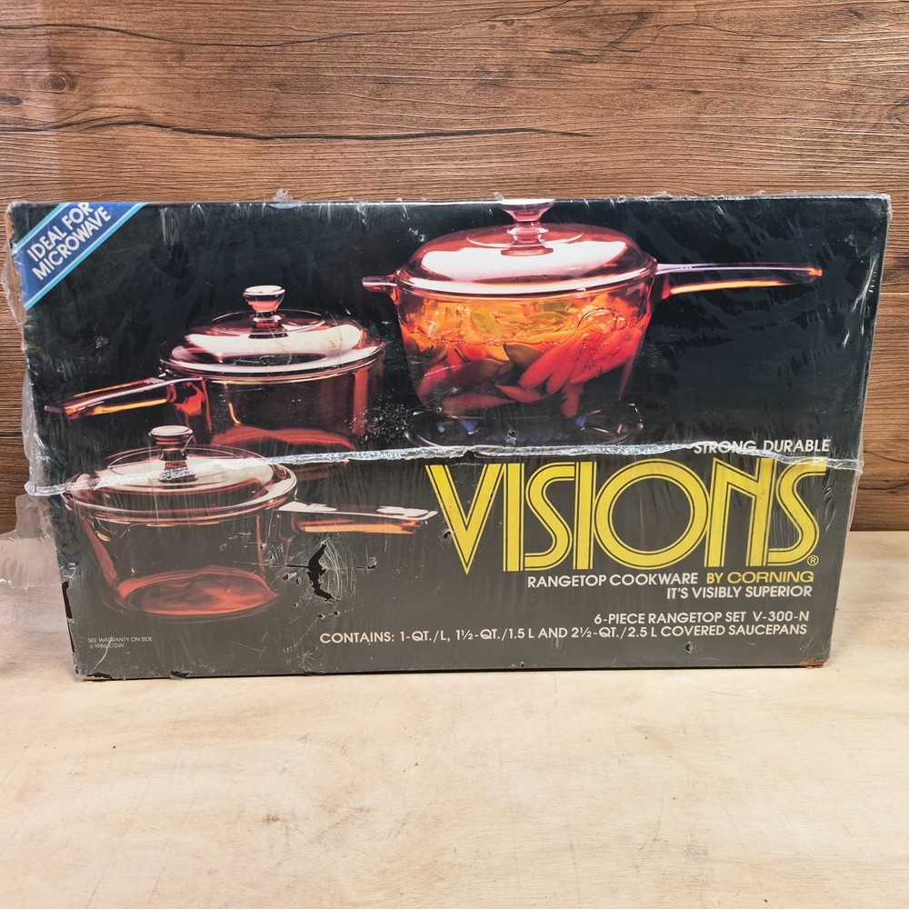 Vintage 1986 Visions by Corning 6 Piece Rangetop Cookware Set V-300-N Sealed NOS