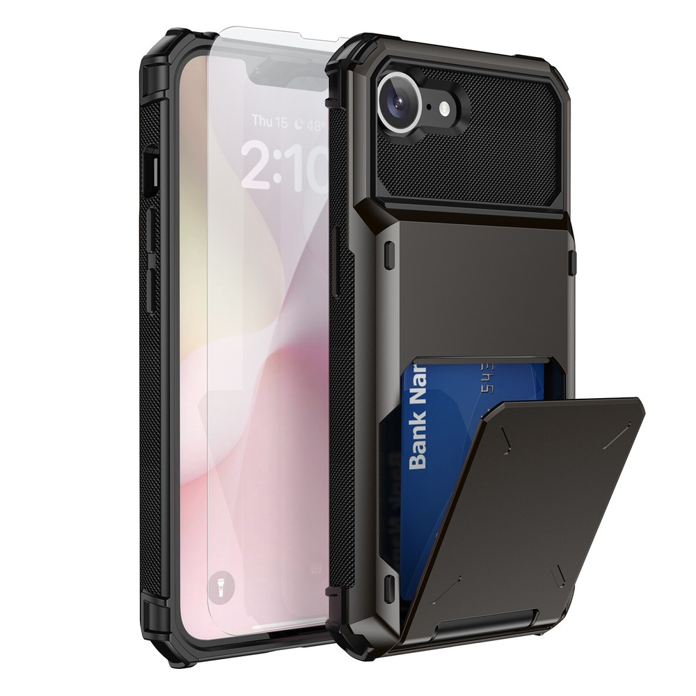 For iPhone 16e 17 15 14 13 12 11 Wallet Case with Card Holder + Screen Protector