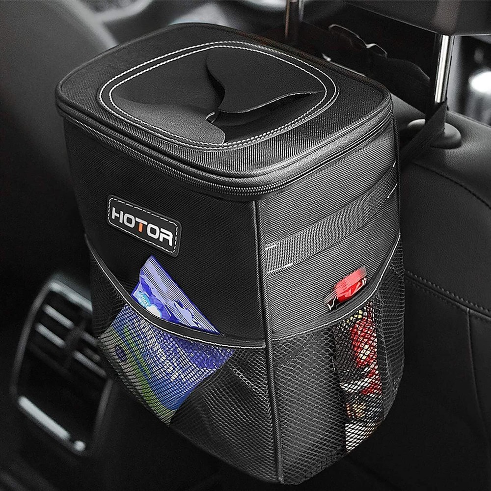 HOTOR Leak-Proof Car Trash Can with Lid and Storage Pockets