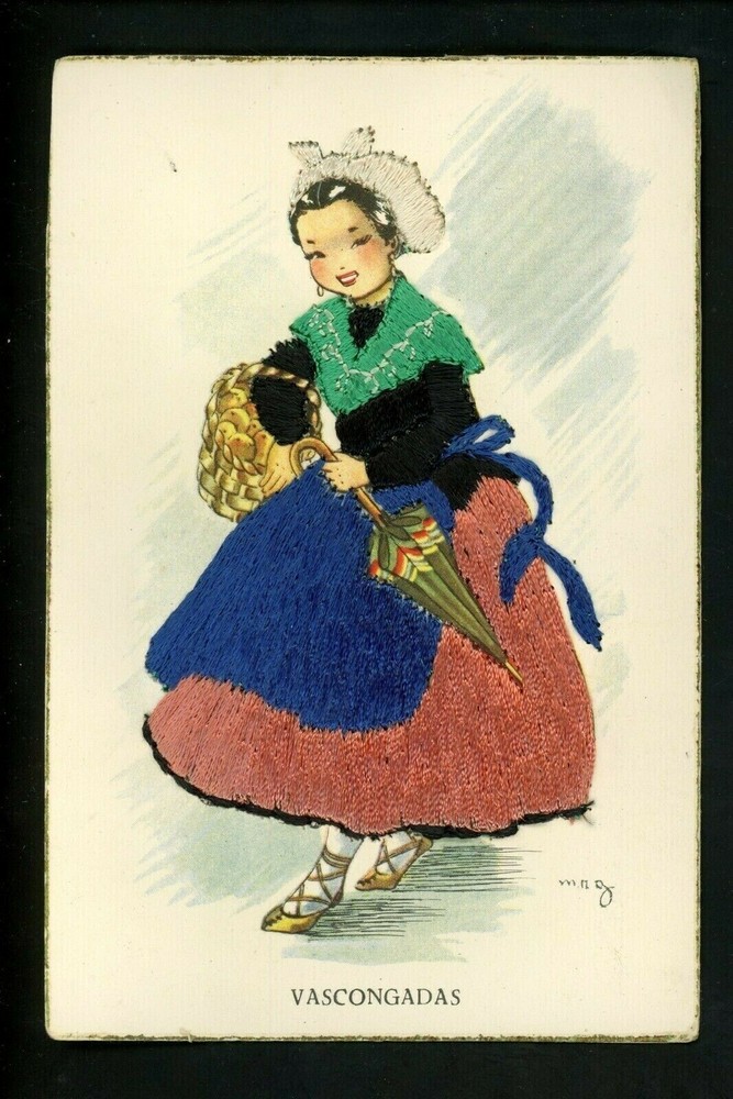 Embroidered clothing postcard Artist M N G, Spain, Vascongadas woman umbrella