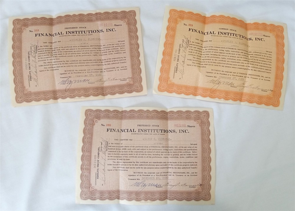 Vintage 1930 1931 Stock Certificate Lot Financial Institutions Inc Maine