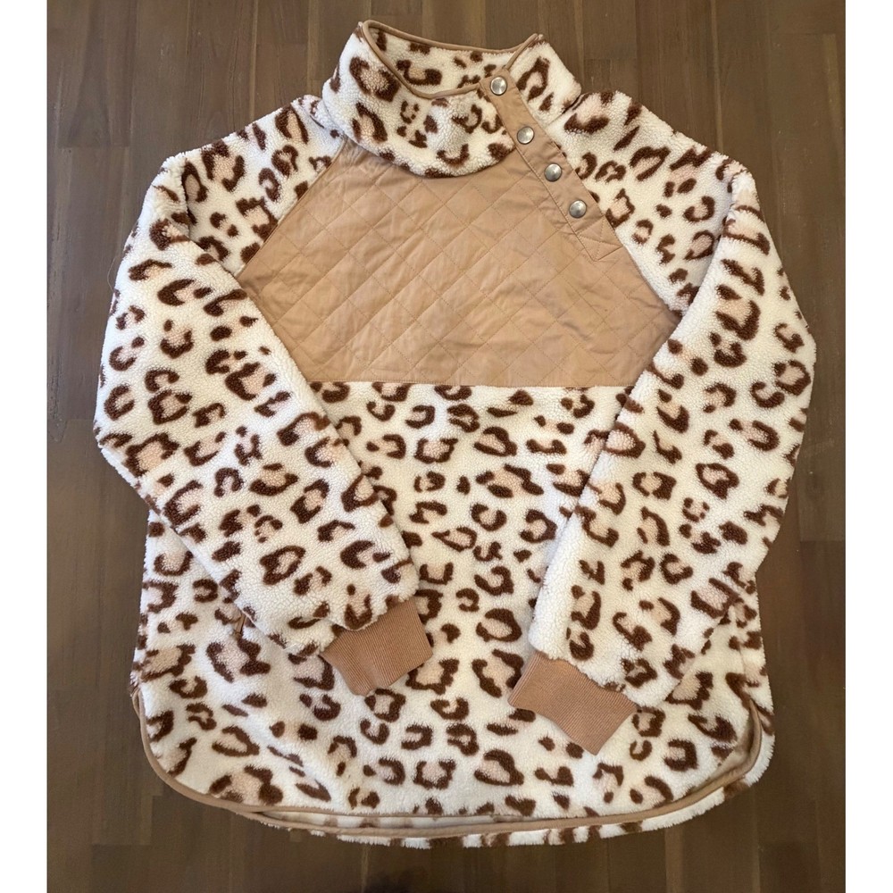 White Birch Leopard Print Sherpa Fleece Quilted Pullover Sweatshirt Women's XL