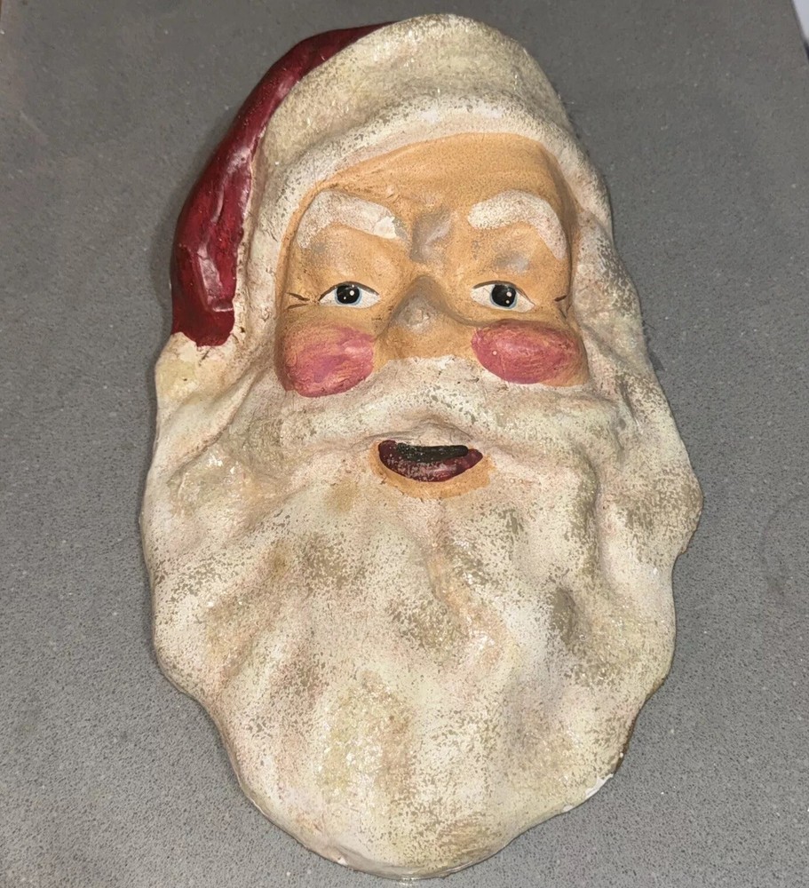 1940's Paper Mache Old World Distressed Santa Wall Hanging With Sparkles