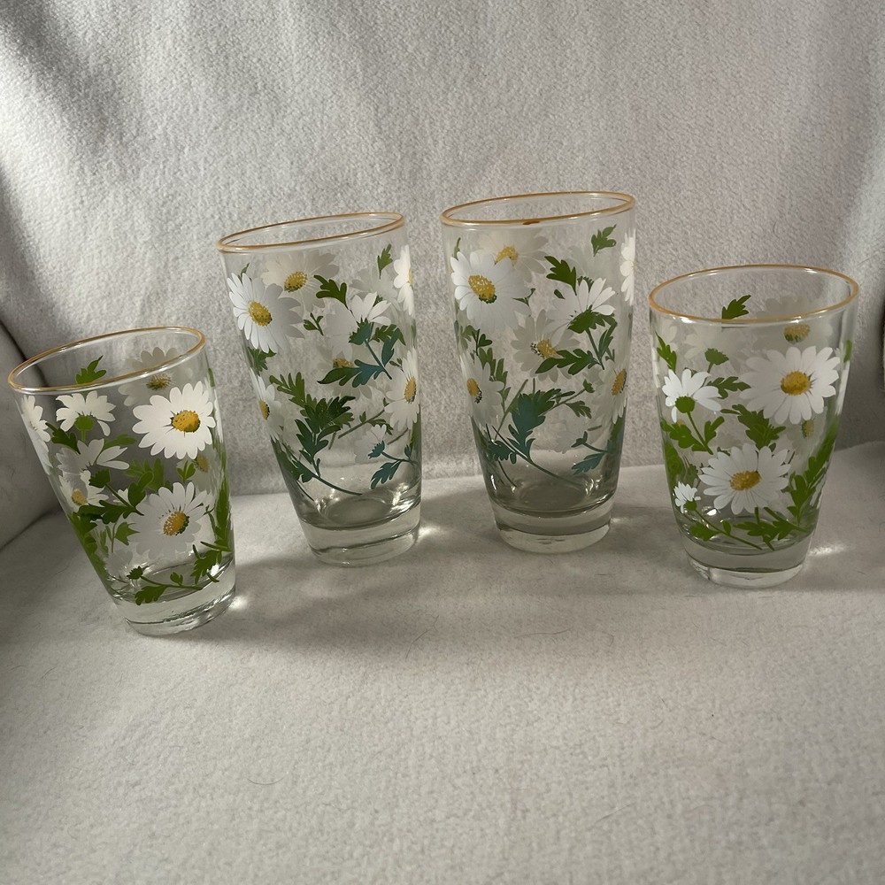 Vintage Libbey Glass Tumblers White Daisy Green Leaves Yellow Rim Set of 2