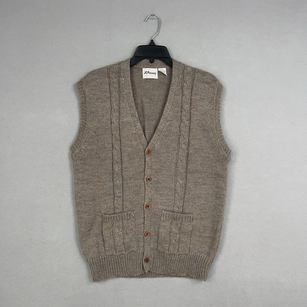 Vintage JCPenney Sweater Vest Mens XL Beige Cable Knit 80s Grandpa Academia