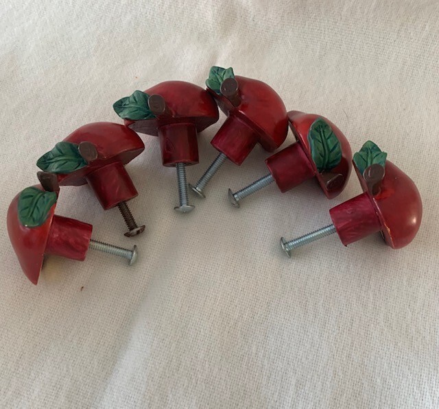 Red Apple Cabinet Door / Drawer Pulls Knobs Set of 6, Complete W/ Screws